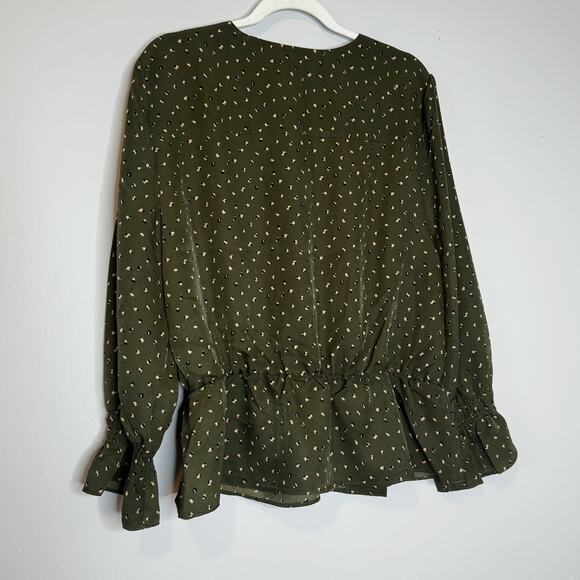 Oat Green Speckled V-Neck Peplum Blouse Long Sleeve Ruffle Cuff NWT Size L - Picture 6 of 9